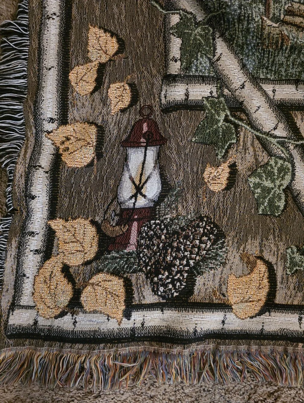 Vintage Log Cabin Throw Blanket With Fringe. Woods Birch Trees